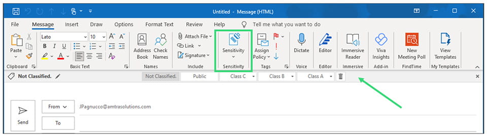 The Message ribbon in Microsoft Outlook with an arrow pointing to a green box for the Sensitivity function