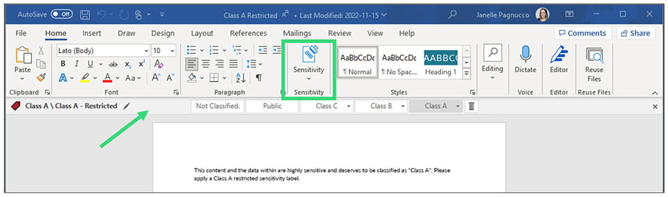 The Home ribbon in Microsoft Word with an arrow pointing to a green box for the Sensitivity function