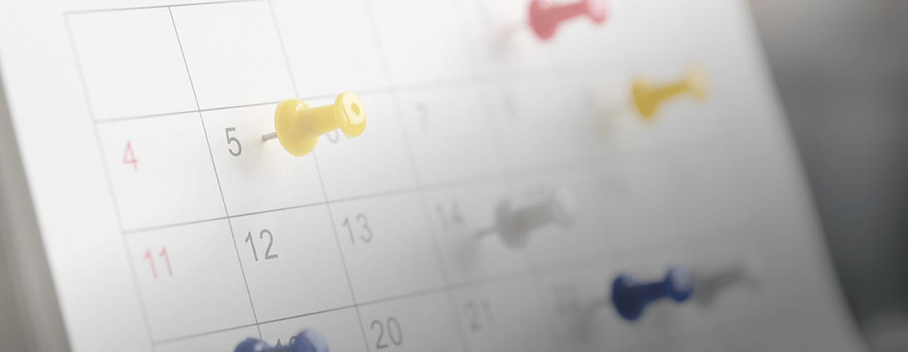 A calendar with different coloured tacks on it.